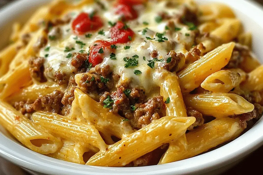 Velveeta Penne Pasta with Cajun Beef Alfredo Sauce