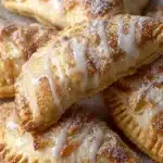 Freshly baked apple turnovers made with biscuit dough on a wooden table