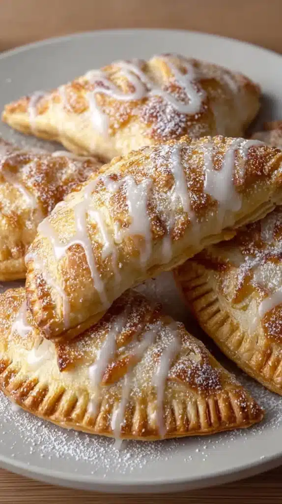 Freshly baked apple turnovers made with biscuit dough on a wooden table