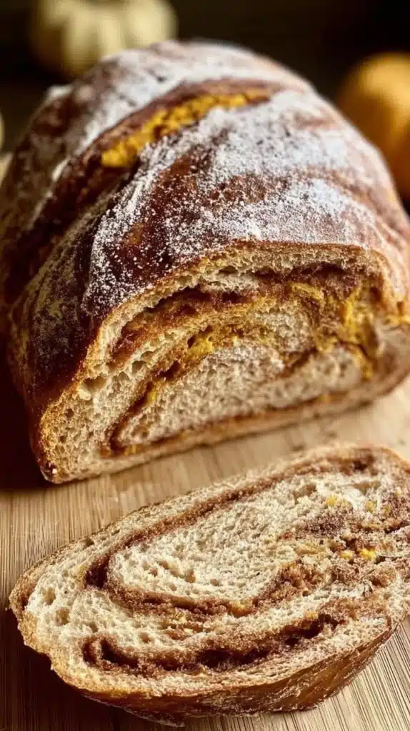 Freshly baked cinnamon swirl pumpkin sourdough bread on a wooden table