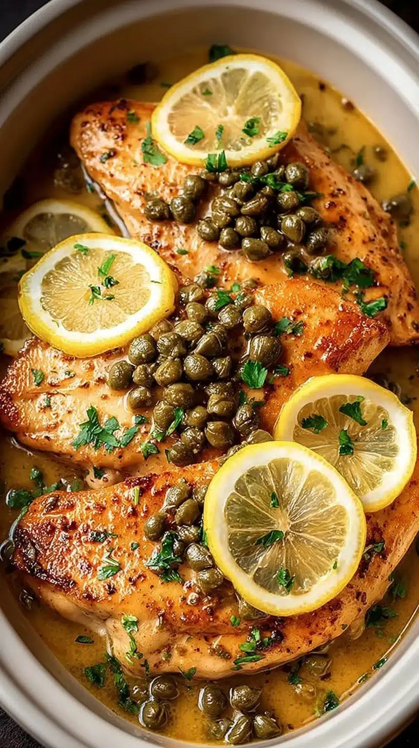 Crockpot Chicken Piccata with lemon and capers in a slow cooker