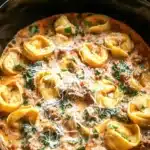 Delicious bowl of crockpot creamy tortellini served with fresh herbs.