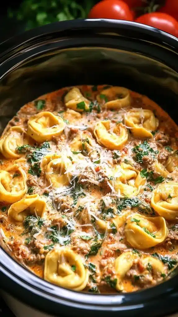 Delicious bowl of crockpot creamy tortellini served with fresh herbs.