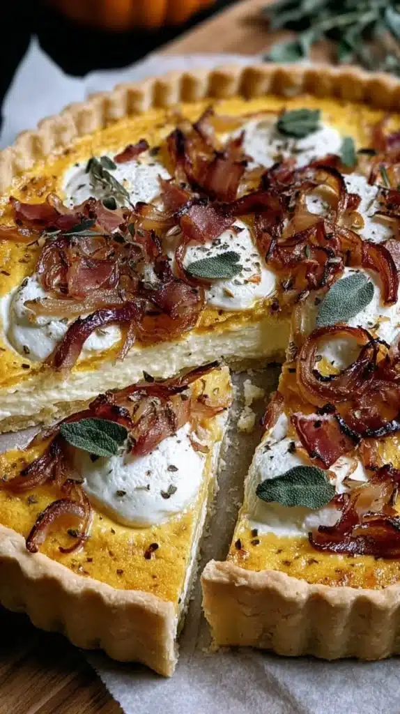 Pumpkin Ricotta Caramelized Onion Tart served on a rustic wooden table.