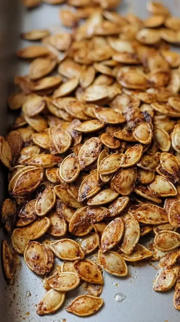 Bowl of roasted spicy pumpkin seeds seasoned for a tasty snack