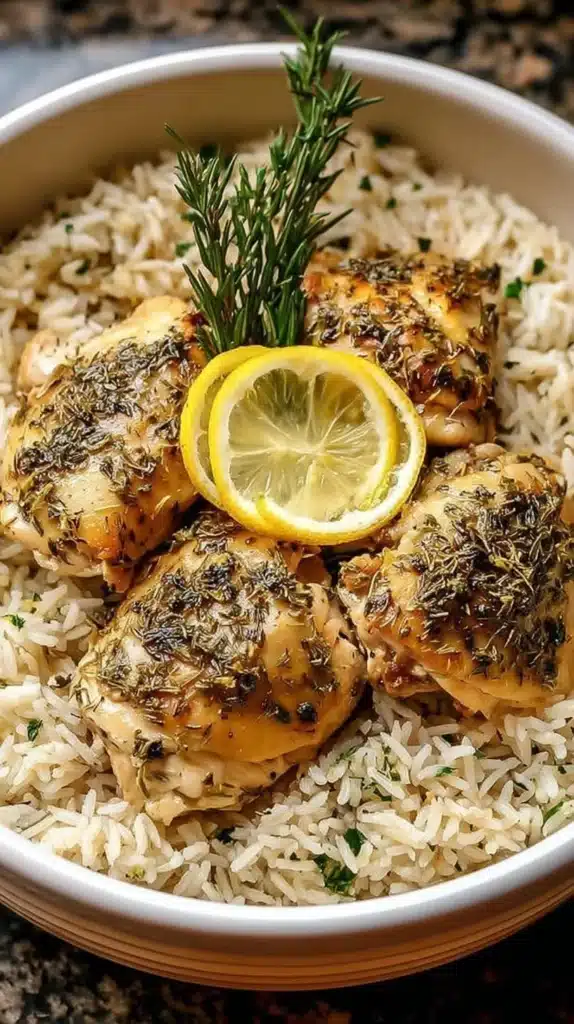 Slow Cooker Lemon Herb Chicken served with rice in a bowl