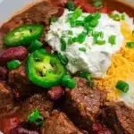 Delicious Spicy Steak Chili Bowl with beef, beans, and spices