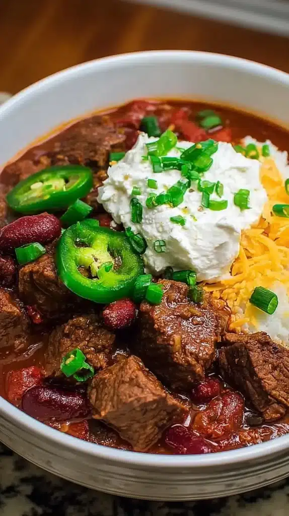 Delicious Spicy Steak Chili Bowl with beef, beans, and spices