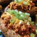 Turkey Sloppy Joe Baked Potatoes topped with savory turkey mixture and cheese.