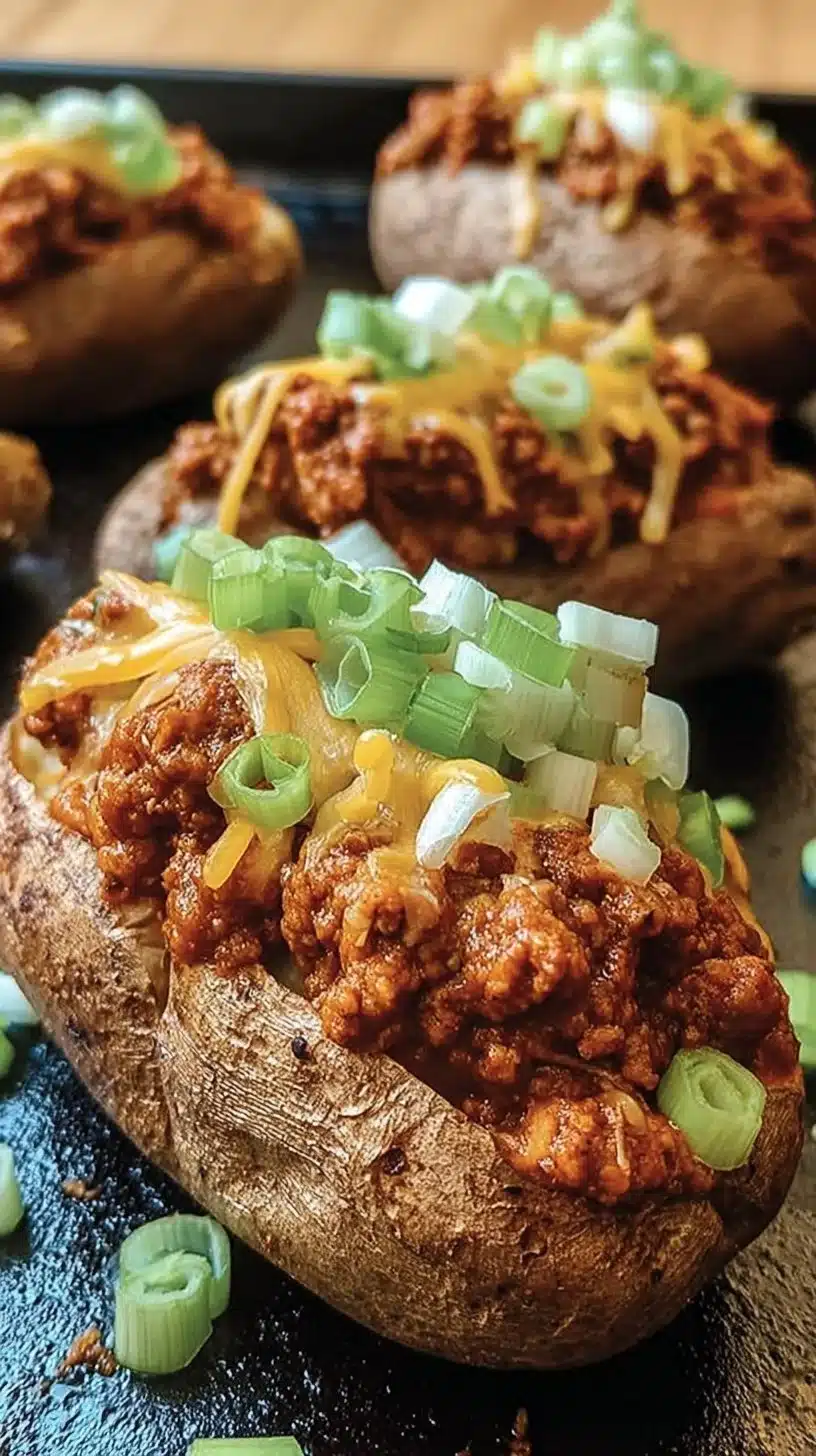 Turkey Sloppy Joe Baked Potatoes topped with savory turkey mixture and cheese.