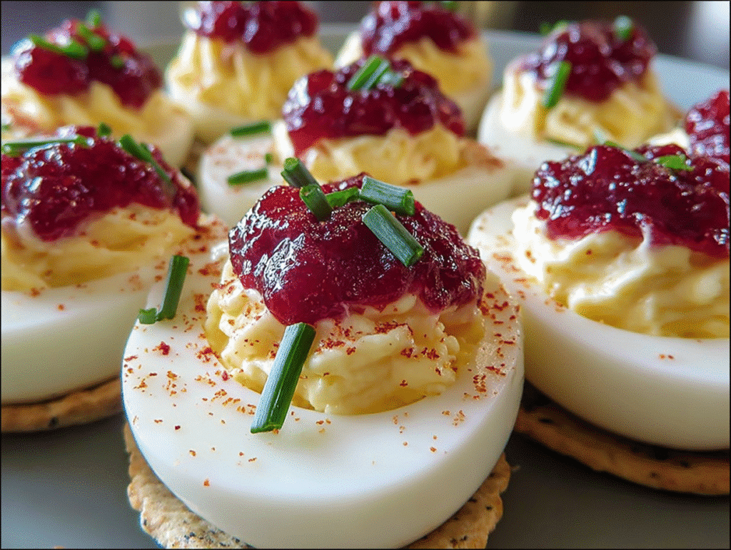 Cranberry Pepper Jelly Cream Cheese Deviled Eggs