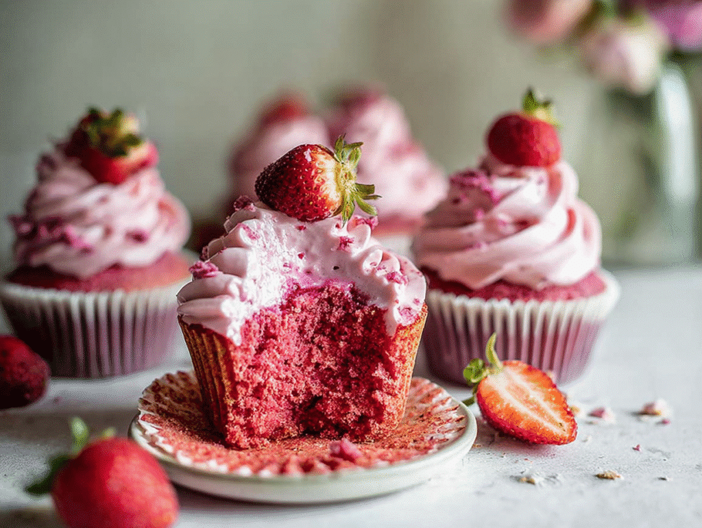 Easy vegan strawberry cupcakes packed with real strawberries and flavor. Perfect for Valentine's Day.