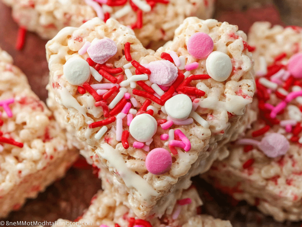 How to make chocolaty heart-shaped Valentine Rice Krispie treats with marshmallows, M&M's, and sprinkles.