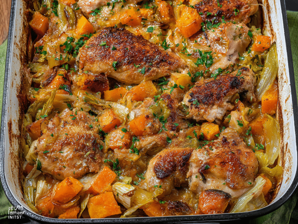 Roasted Chicken Leek and Butternut Squash Bake