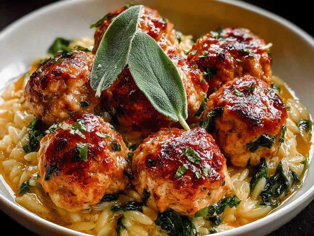 Baked Sage Chicken Meatballs with Parmesan Orzo