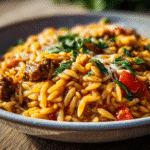 Cheesy Ground Beef Orzo