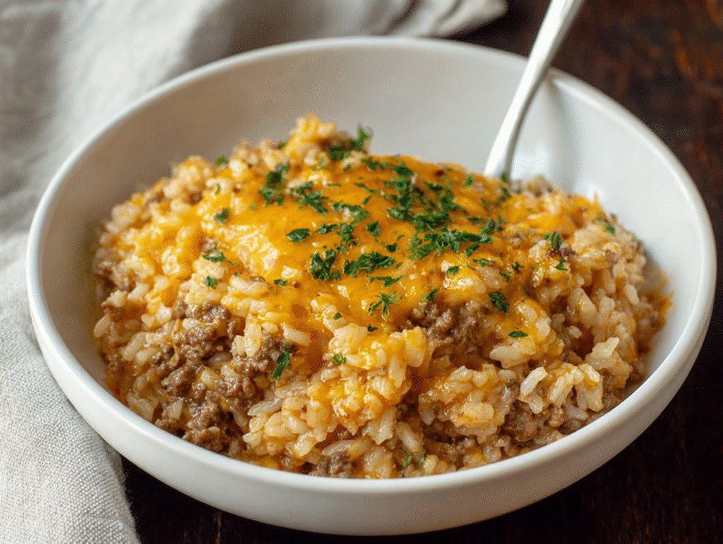 Cheesy Ground Beef and Rice Casserole