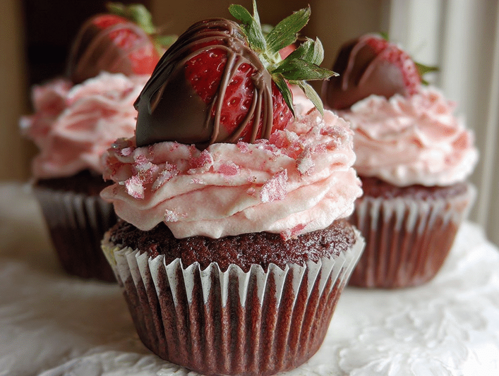 Chocolate Covered Strawberry Buttercream Cupcakes