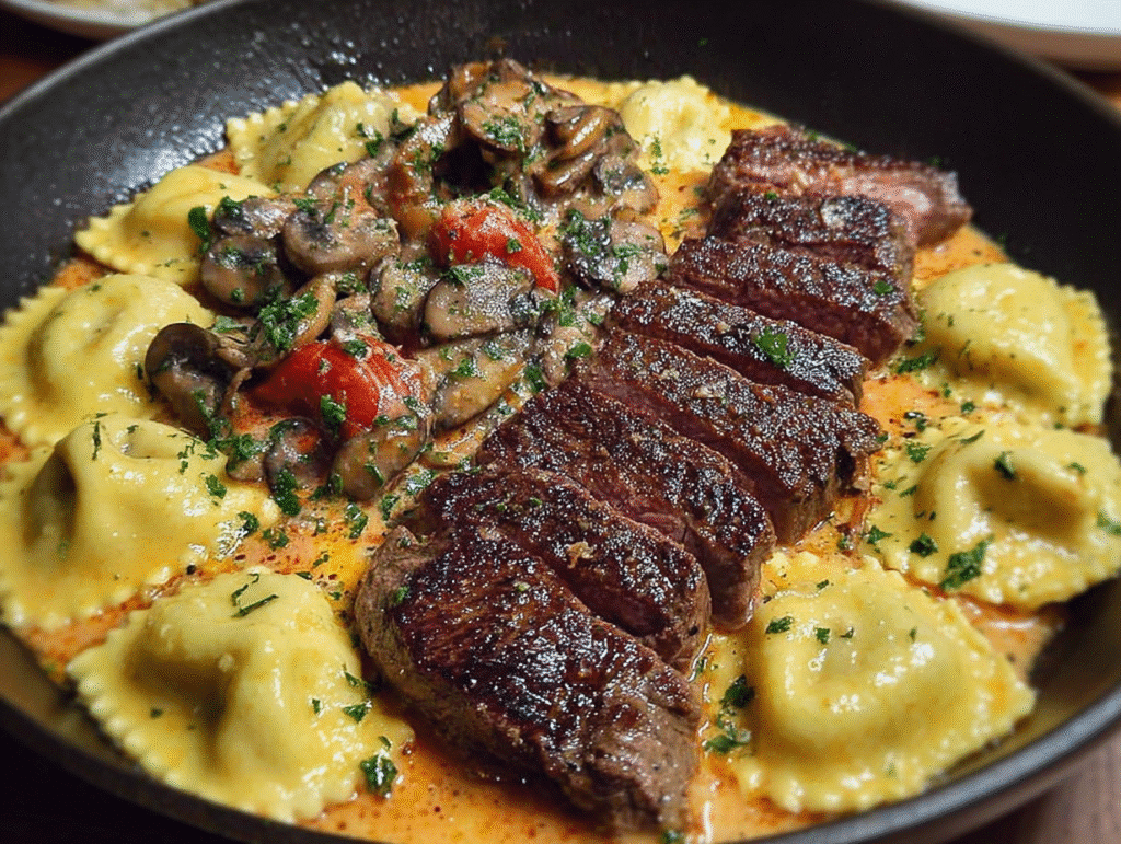 Creamy Tomato Mushroom Ravioli with Seared Steak