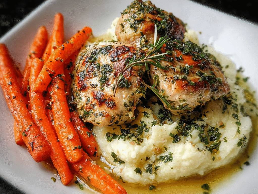 Garlic Herb Chicken with Creamy Mash & Roasted Carrots