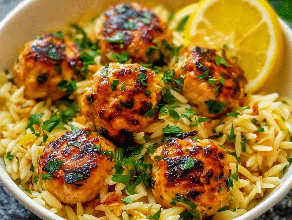 Greek Chicken Meatballs with Lemon Orzo