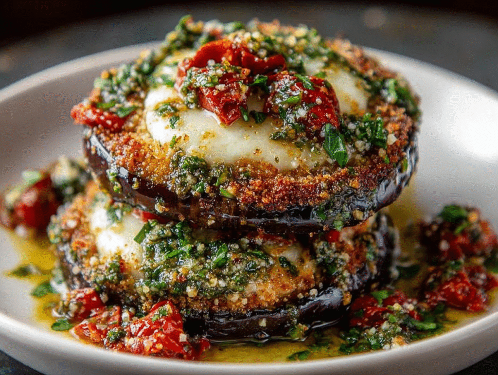 Italian Pesto Parmesan Eggplant Stacks