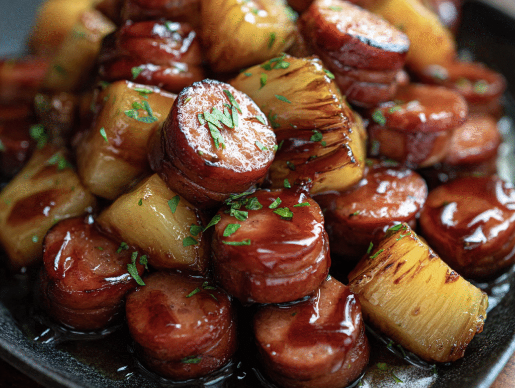 Pineapple Kielbasa Bites with BBQ or Teriyaki Glaze