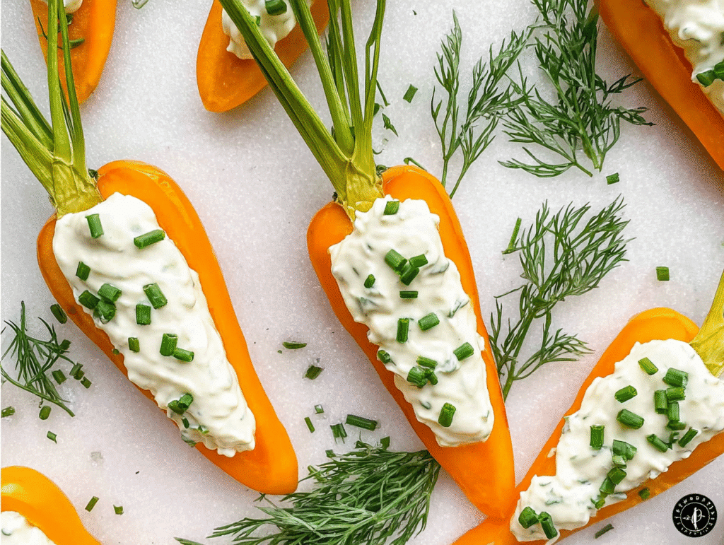 Mini Orange Peppers as Carrots with Zesty Cream Cheese Spread