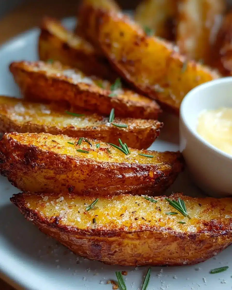 Crispy air fryer potato wedges served on a plate with herbs