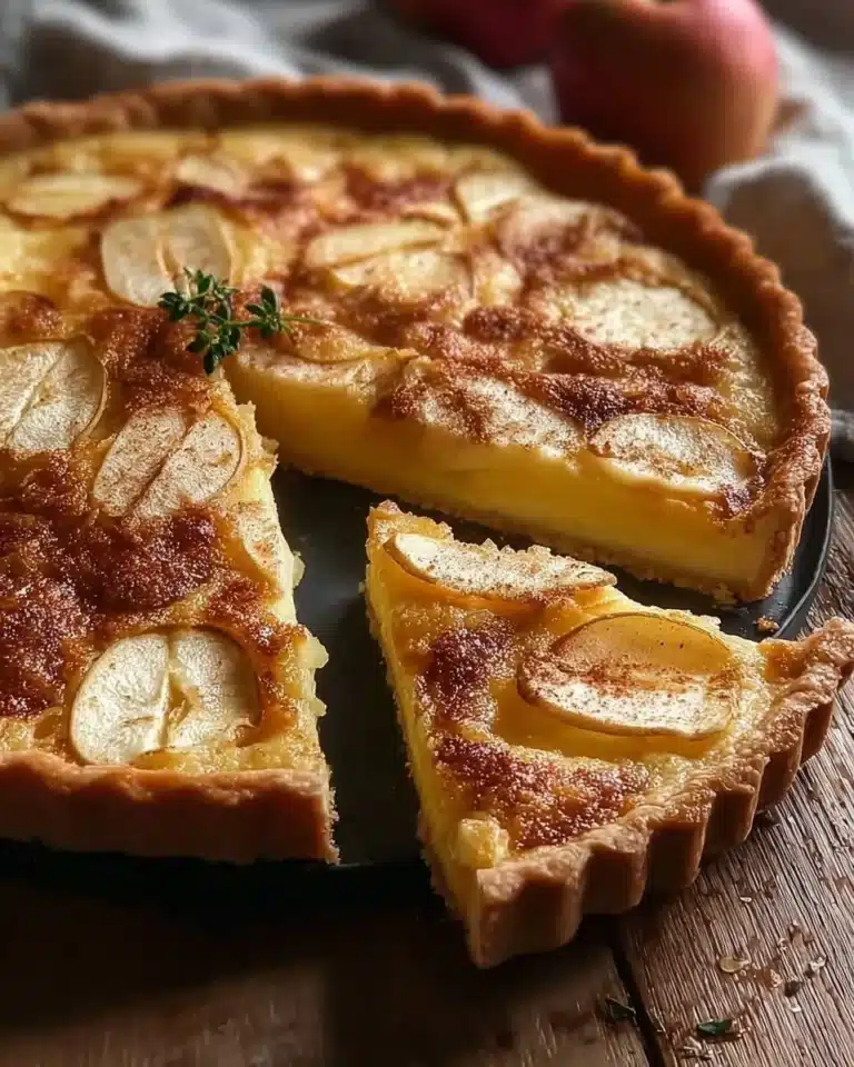Delicious Apple Custard Pie with a golden crust and creamy filling