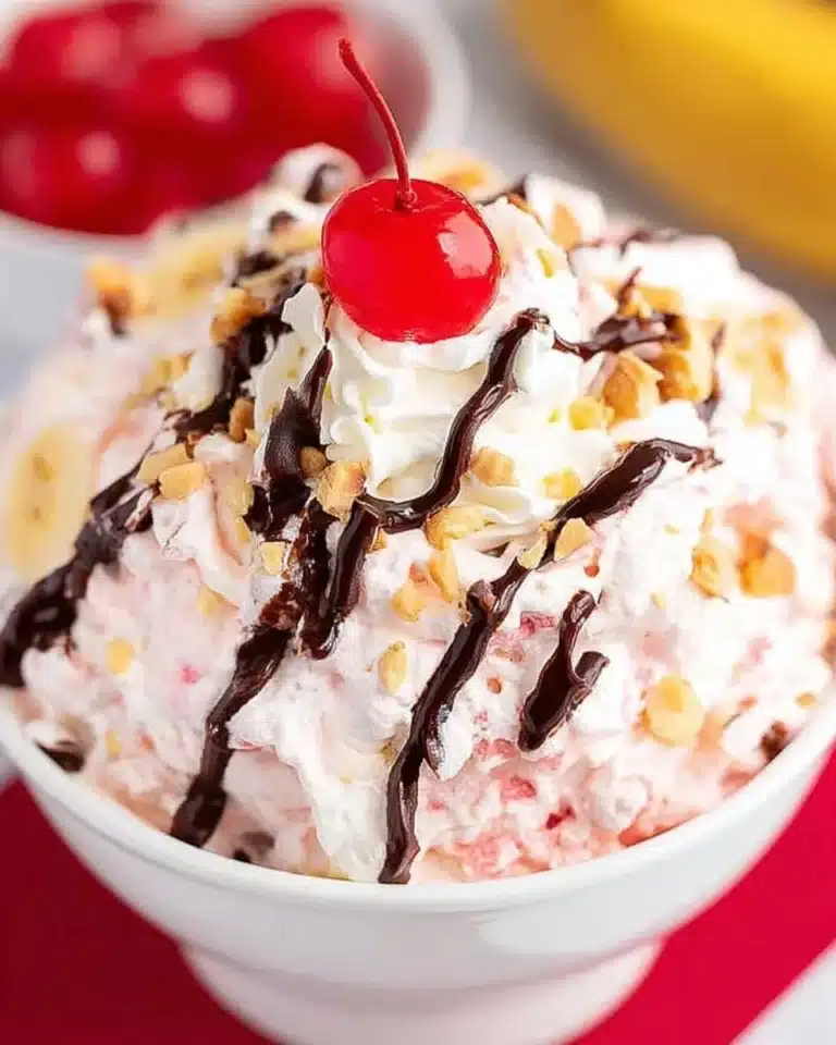 Delicious Banana Split Fluff salad with bananas, whipped cream, and cherries
