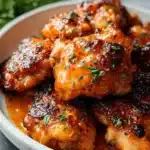 Delicious Bang Bang Chicken Thighs garnished with fresh herbs and sauce.