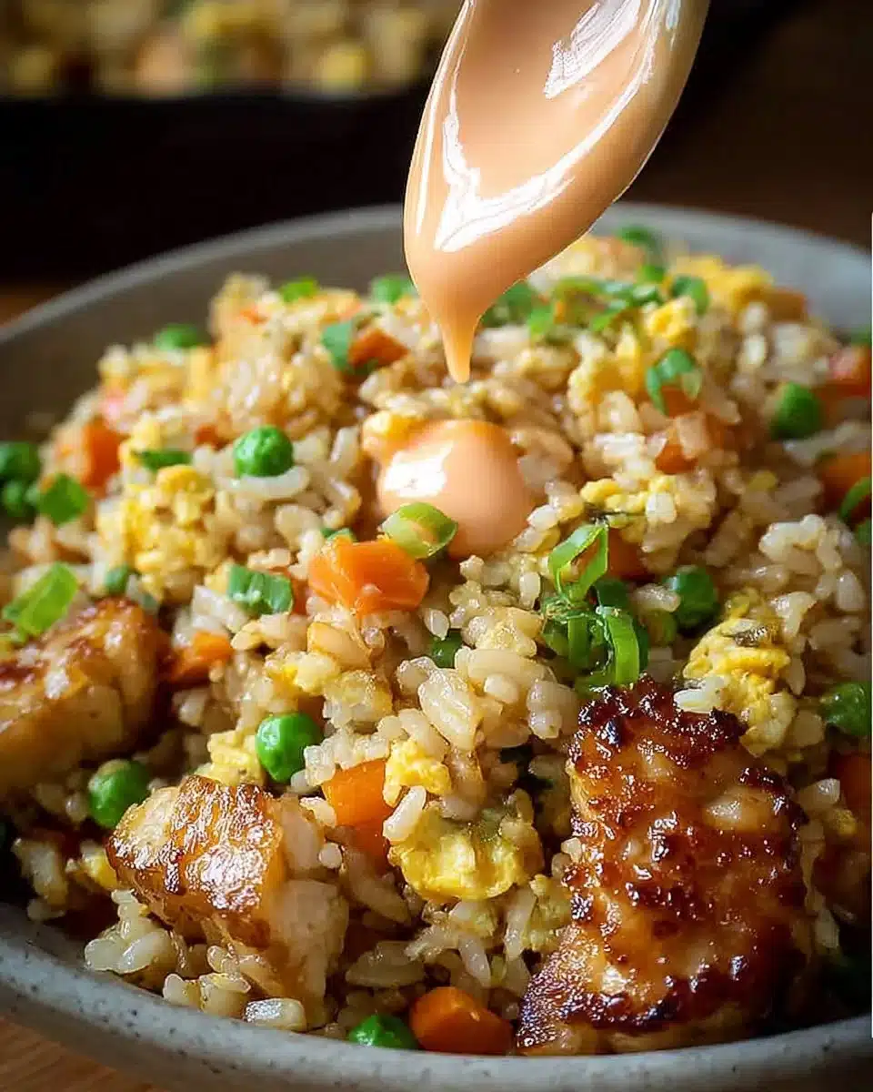 Delicious Bang Bang Fried Rice garnished with vegetables and spices