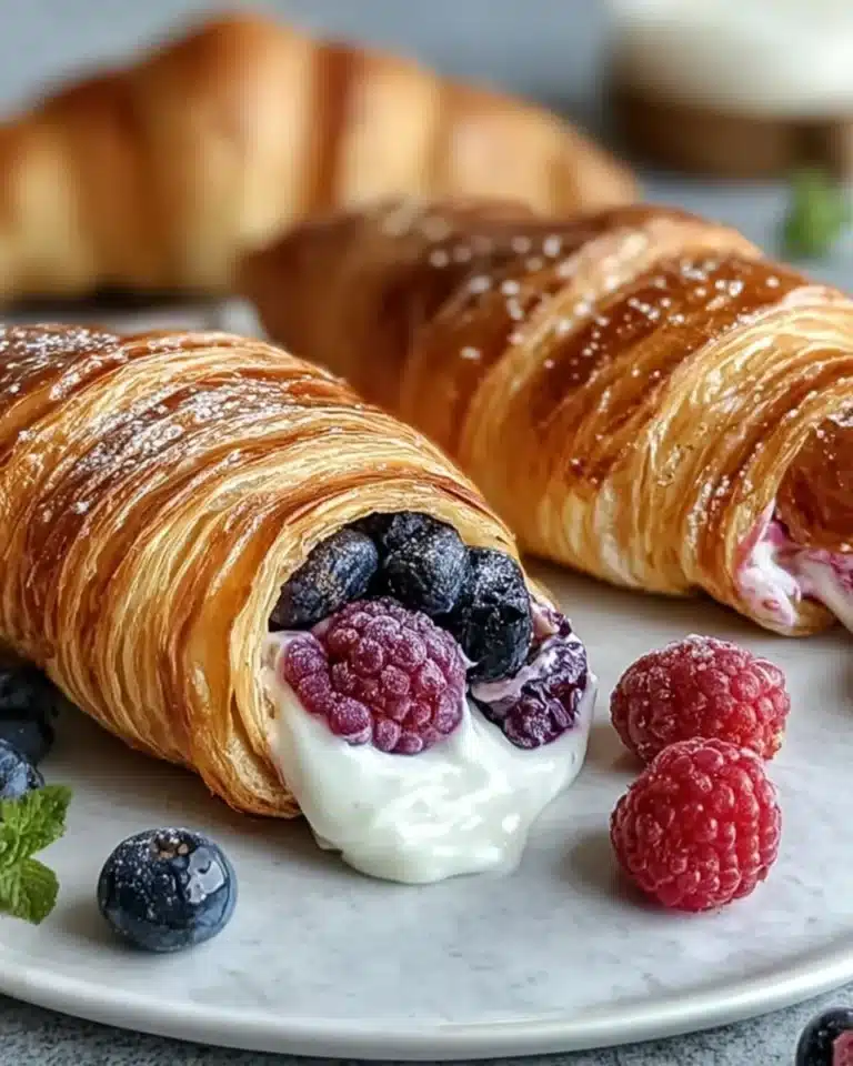 Freshly baked berries and cream croissants on a wooden table