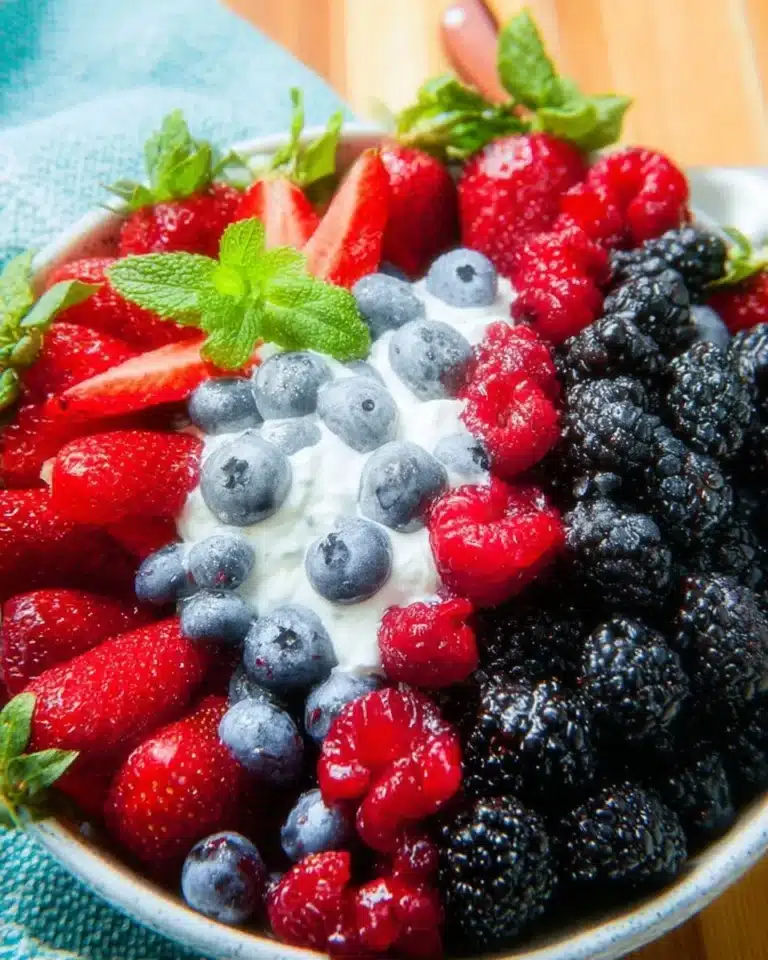 Berry salad topped with lemon herb dressing in a vibrant bowl