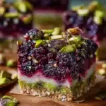 Delicious Blackberry Pistachio Dream Bars served on a white plate
