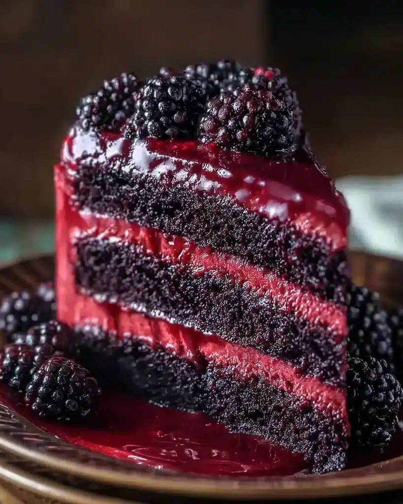 Blackberry Velvet Gothic Cake with rich cream and fresh blackberries