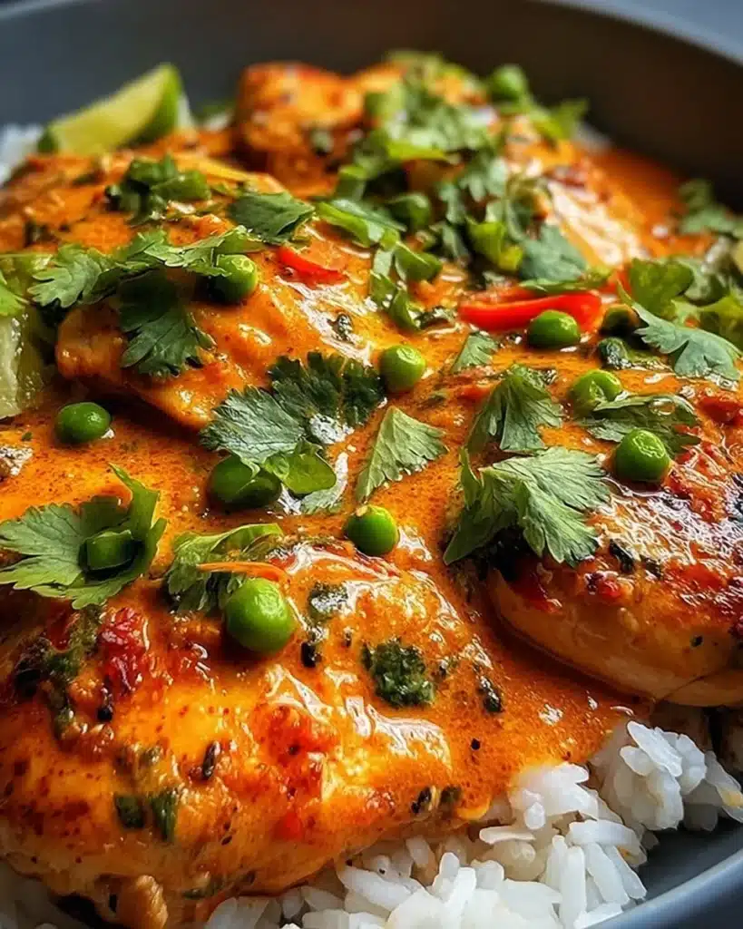 Delicious Brazilian Coconut Chicken dish garnished with fresh herbs.
