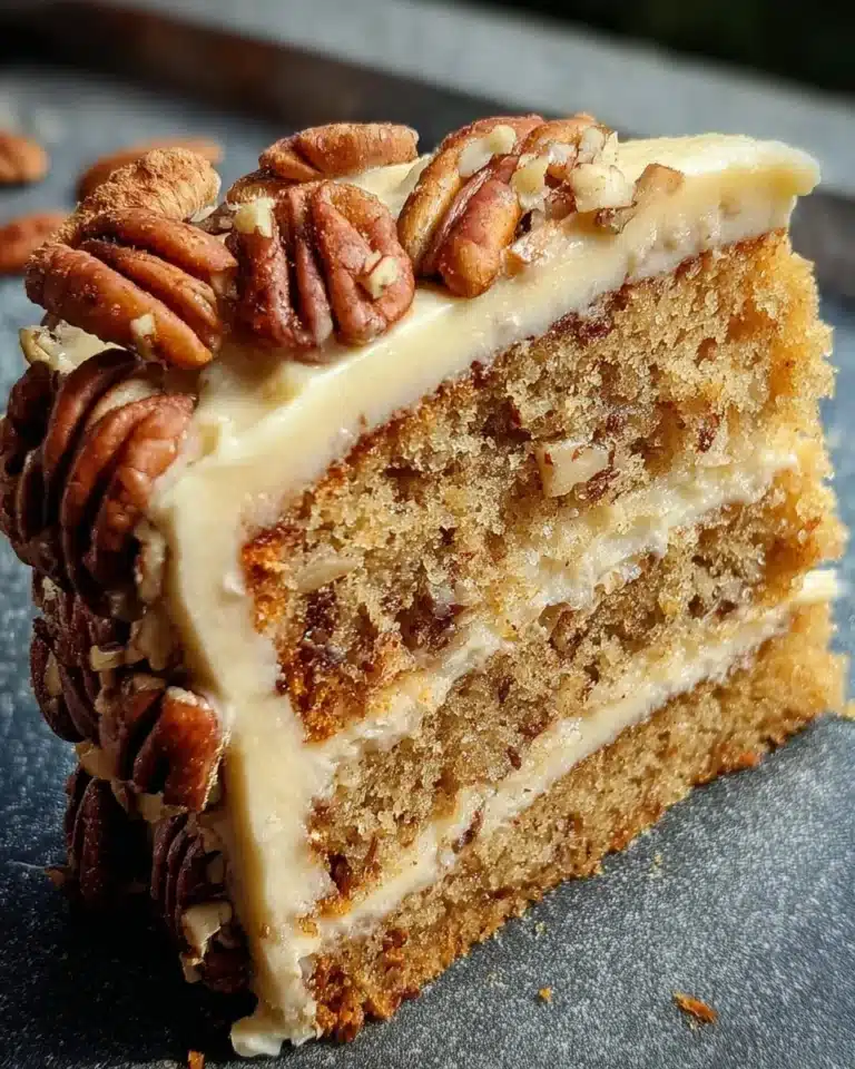 Delicious Butter Pecan Cake topped with pecans and icing on a white plate