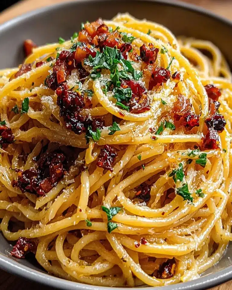 Delicious caramelized onion pasta topped with chili oil for an extra kick.