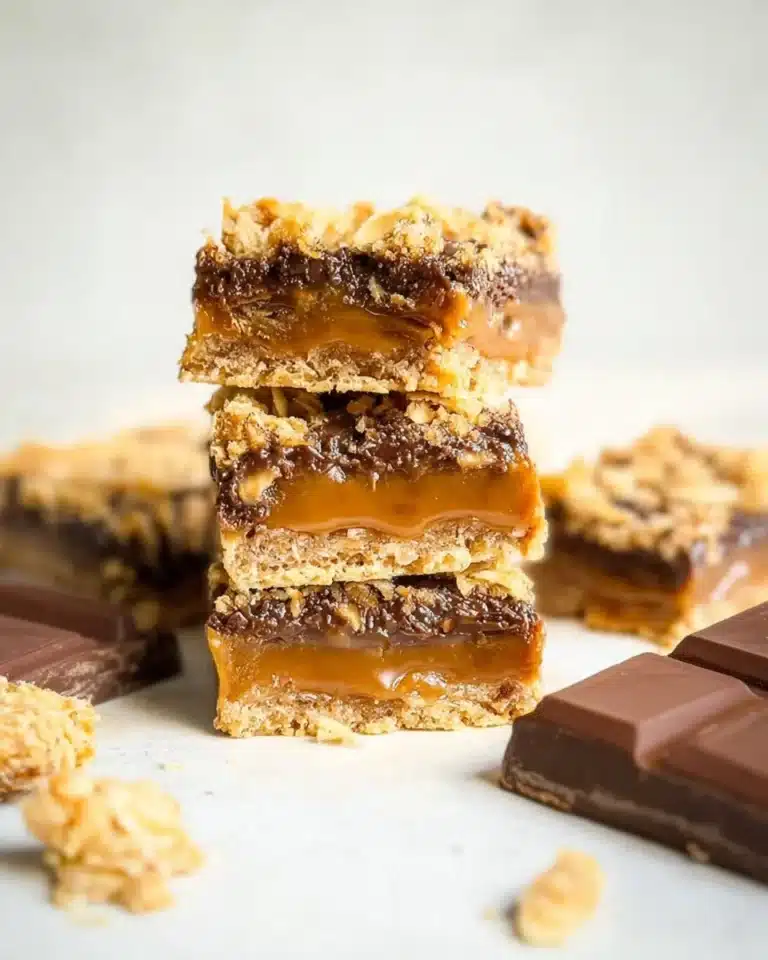 Delicious homemade Carmelite Bars on a plate, topped with chocolate and caramel.