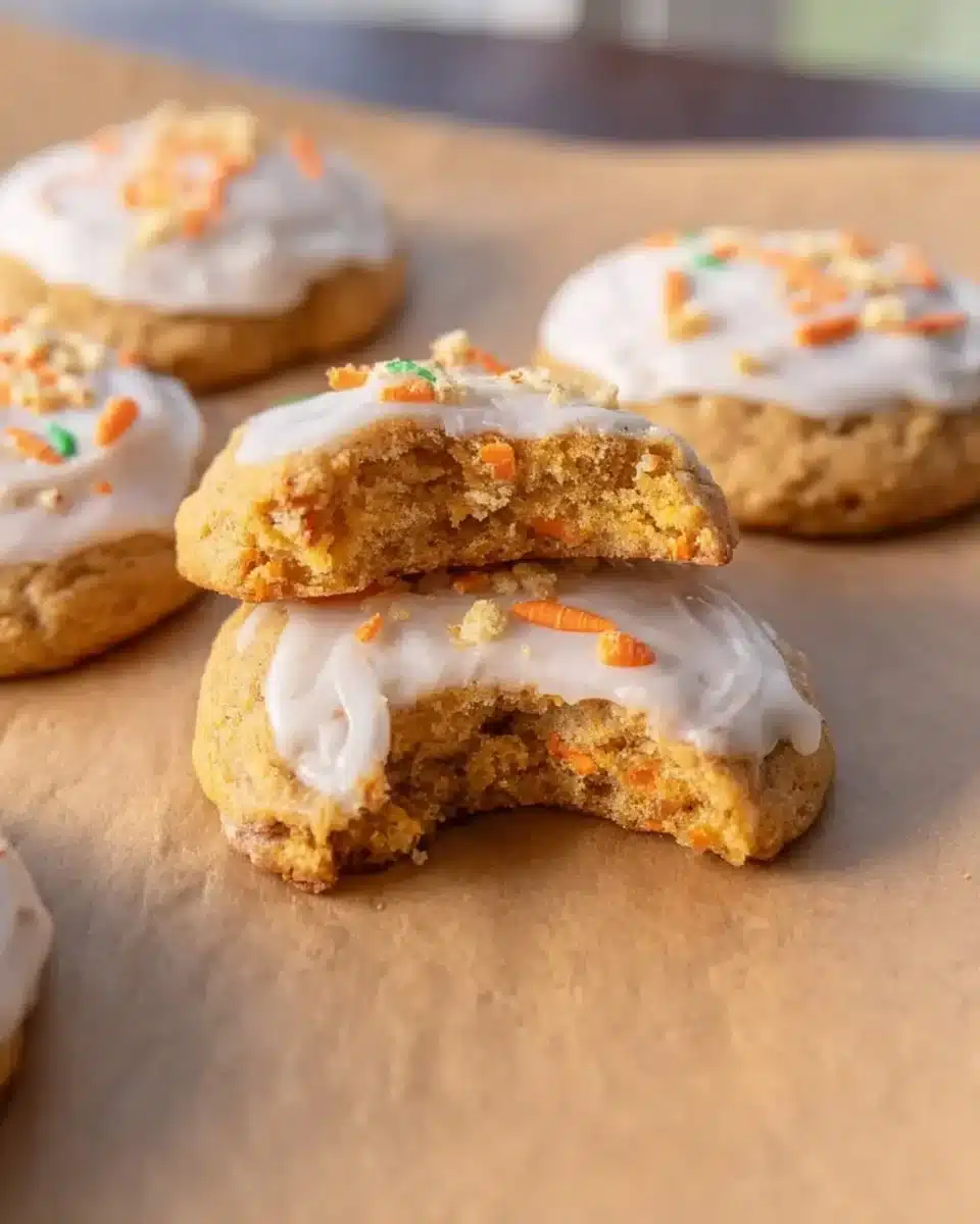 Freshly baked carrot cake cookies topped with cream cheese icing on a cooling rack.