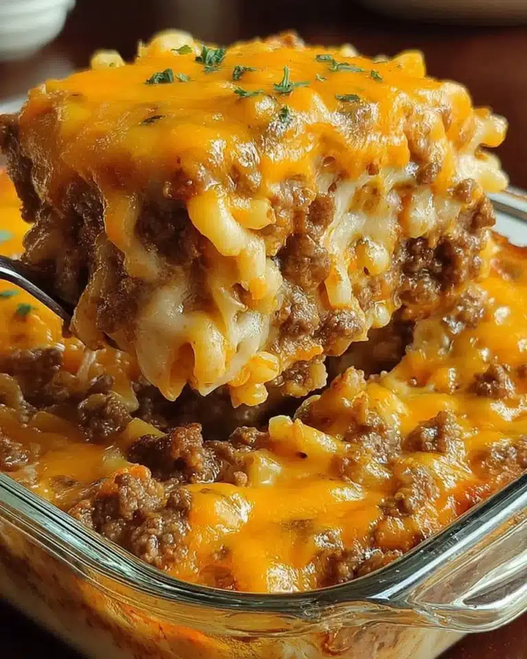 Cheesy Hamburger Casserole served in a baking dish with melted cheese on top