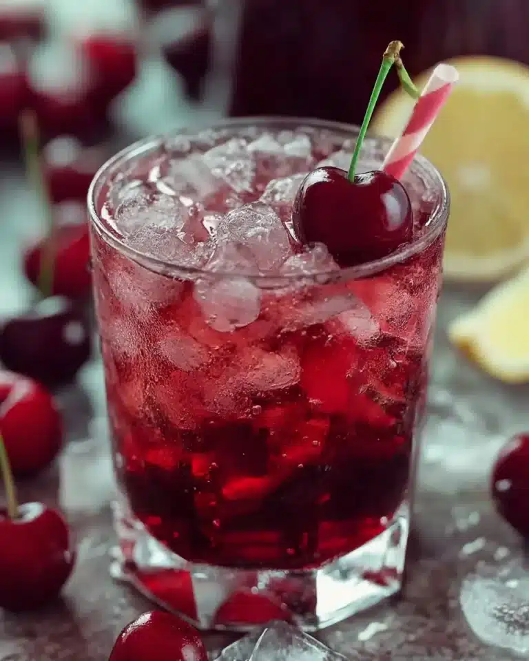 Cherry Pie Iced Tea in a glass with cherries and pie crust on the side.