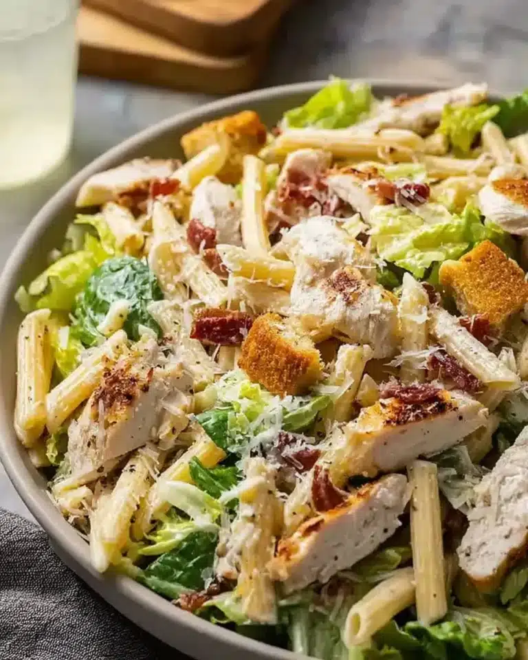 Delicious Chicken Caesar Pasta Salad with chicken, romaine, and Caesar dressing