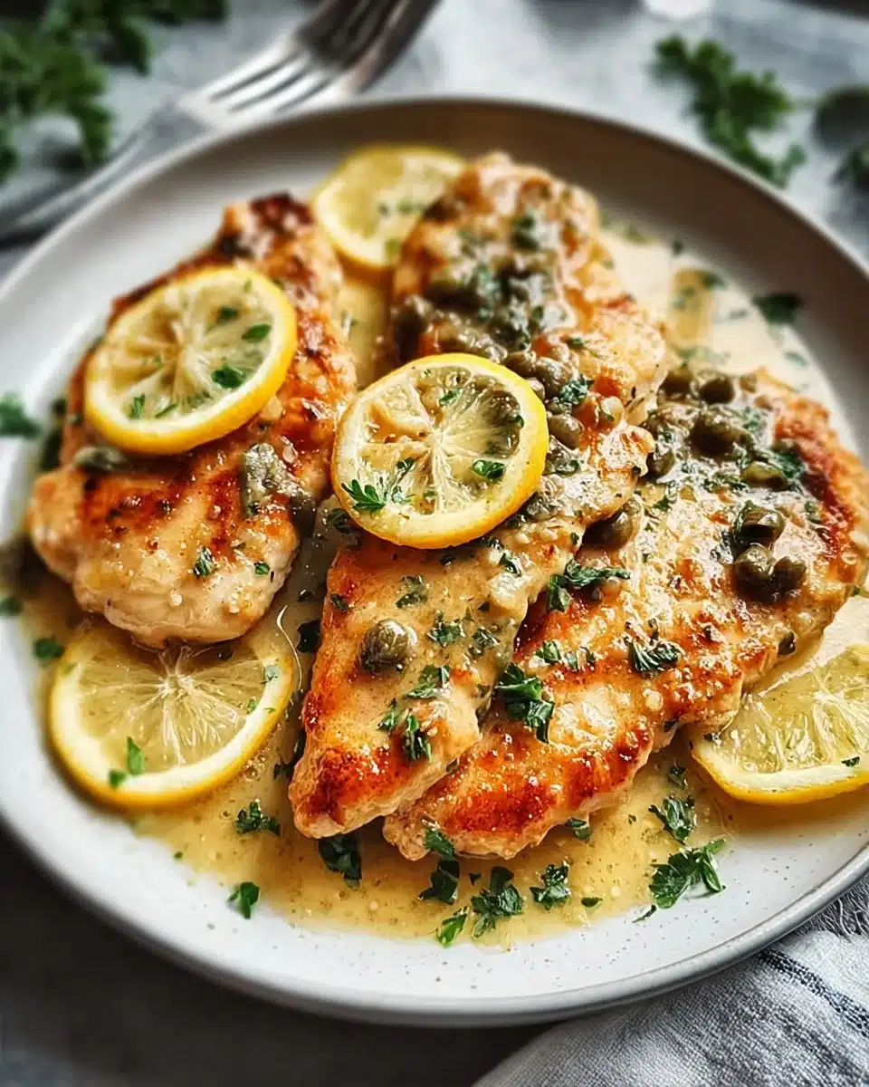 Plate of Chicken Piccata garnished with lemon and capers