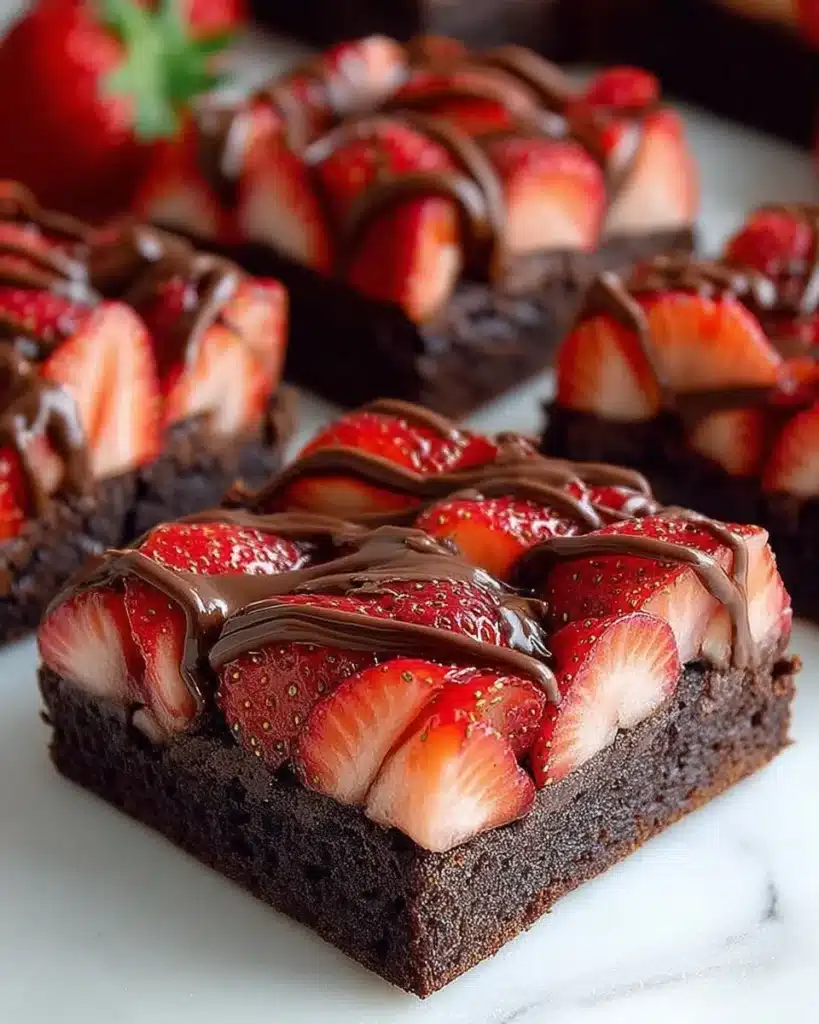 Delicious chocolate covered strawberry brownies topped with fresh strawberries