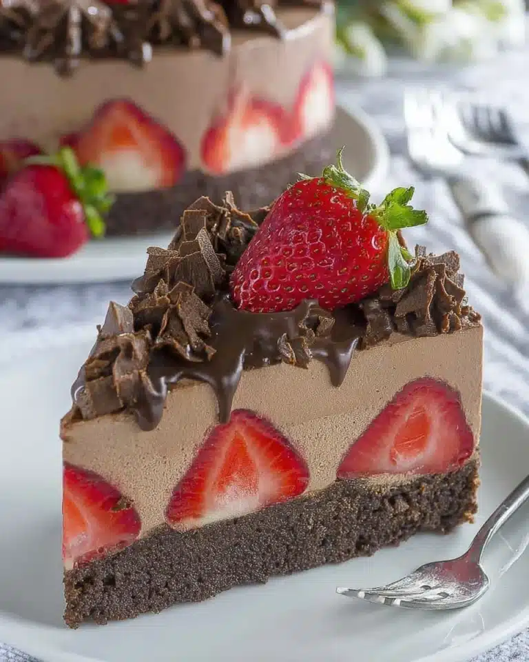 Delicious Chocolate Strawberry Mousse Cake layered with fresh strawberries