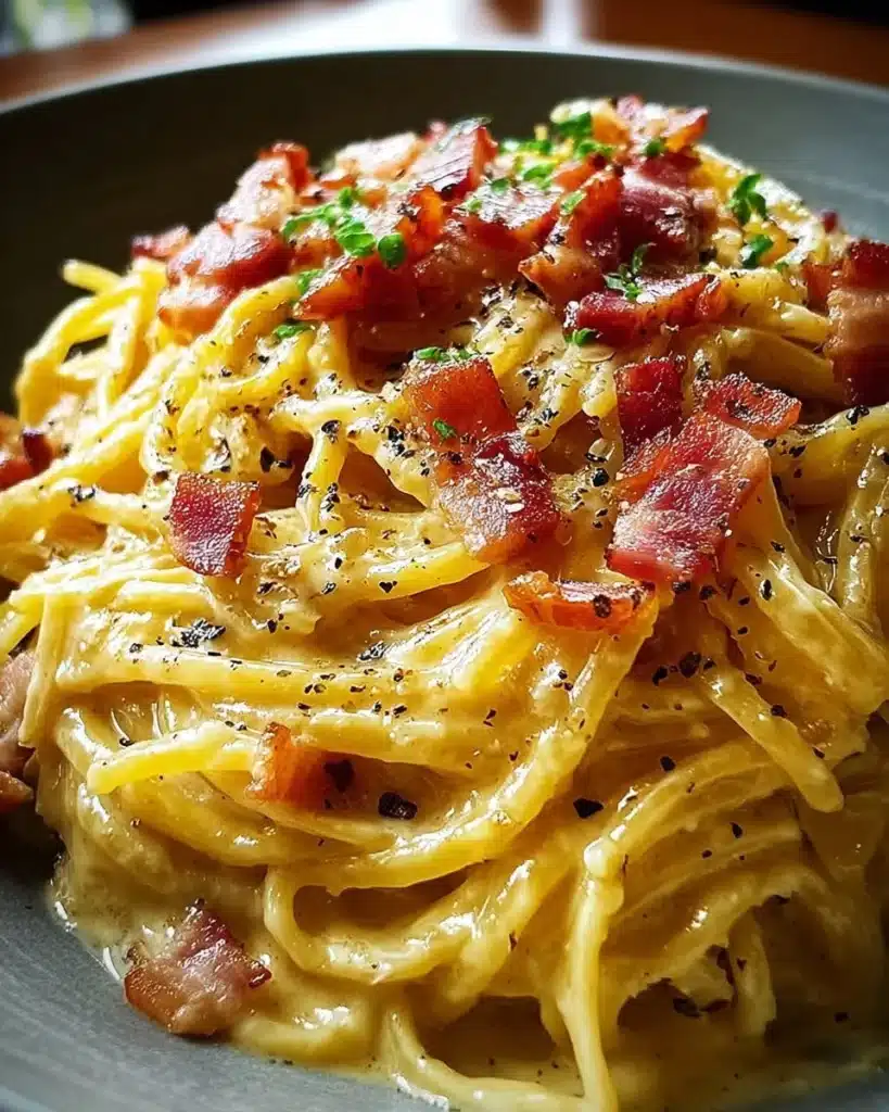 Delicious Classic Pasta Carbonara made with spaghetti, eggs, cheese, and pancetta.