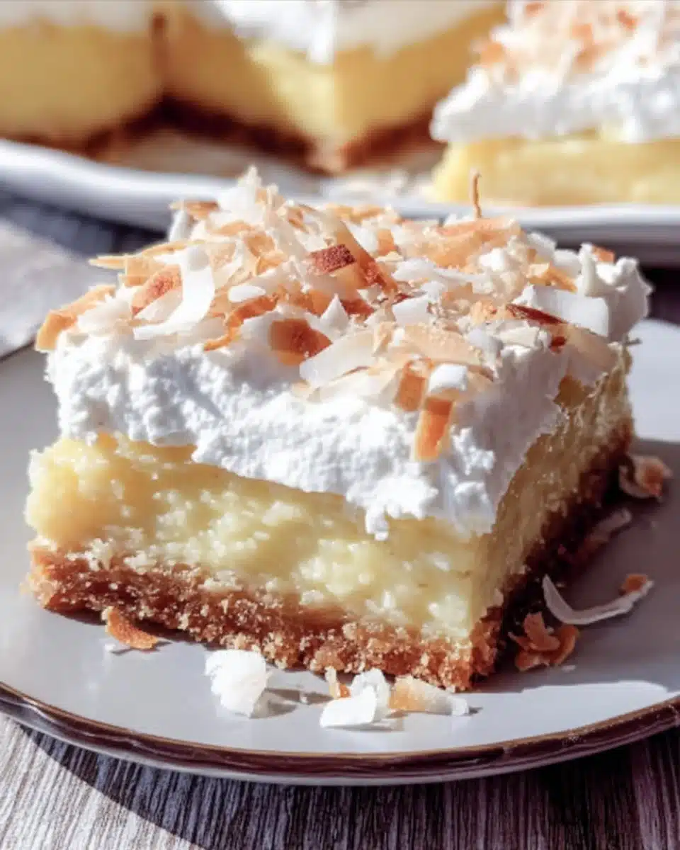 Delicious homemade coconut cream bars topped with shredded coconut